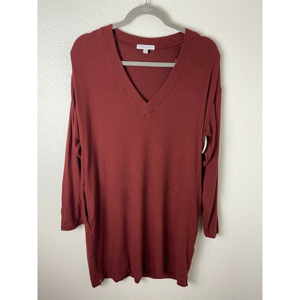 Socialite Size Small S Red Cotton Knit Tunic Top V-Neck Long Sleeve Pockets‎